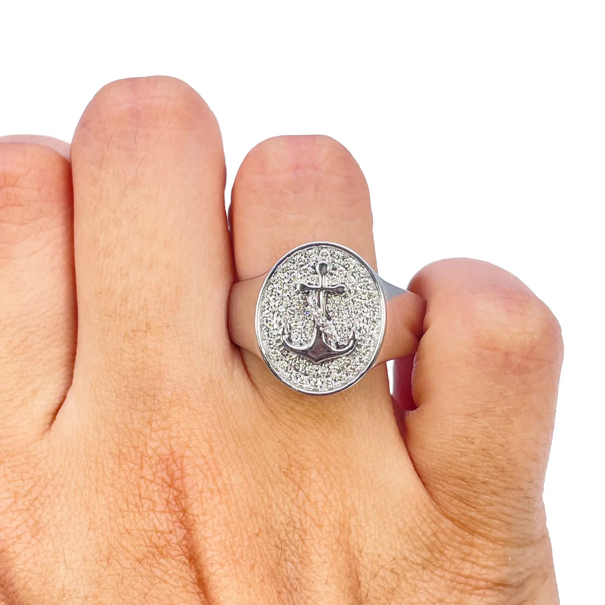 14ct White Gold Diamond Anchor Sailor Cluster Signet Ring 0.37ct Diamond Ring