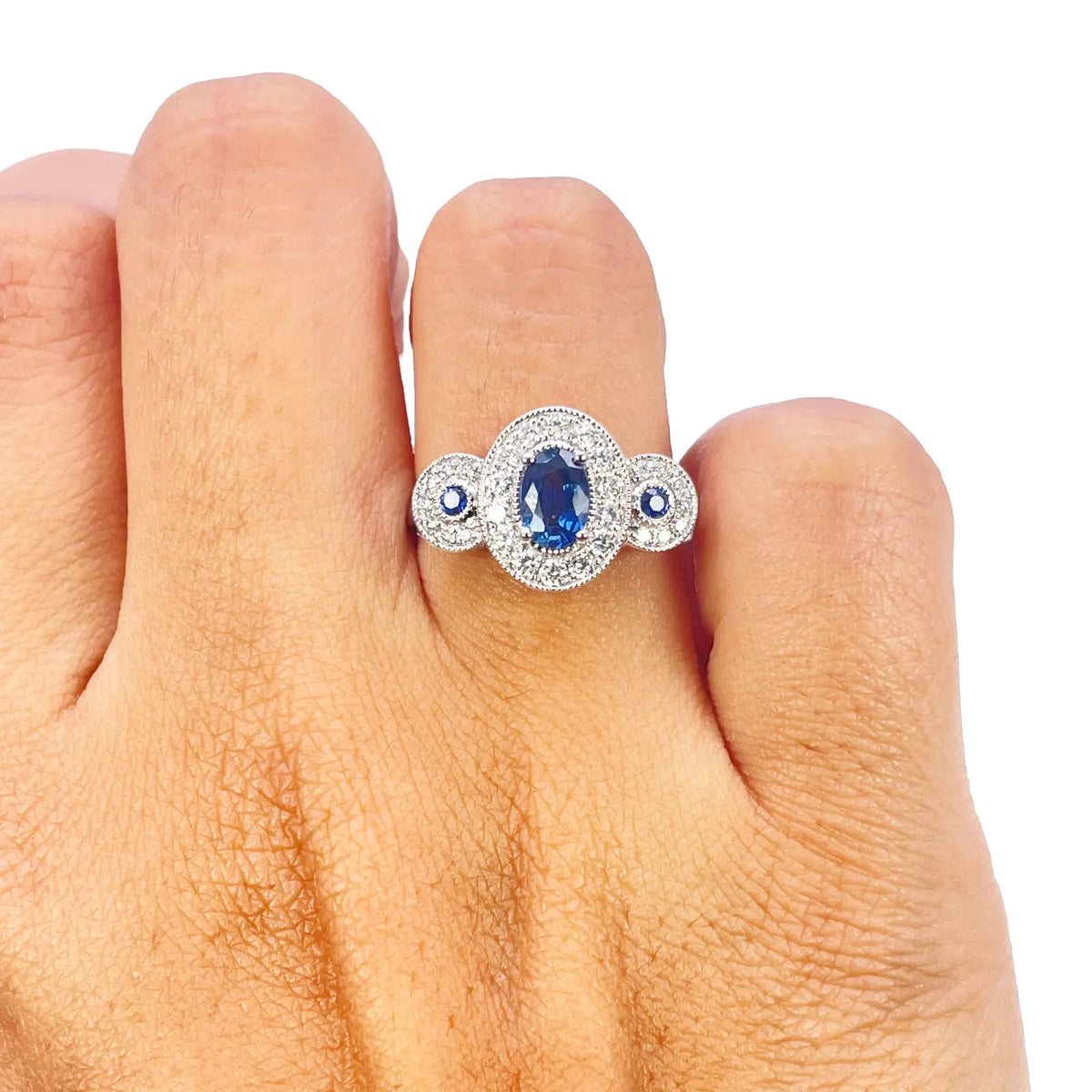 18ct Gold Natural Sapphire Diamond Halo Ring Round & Oval Cut 0.95ct Diamond Ring