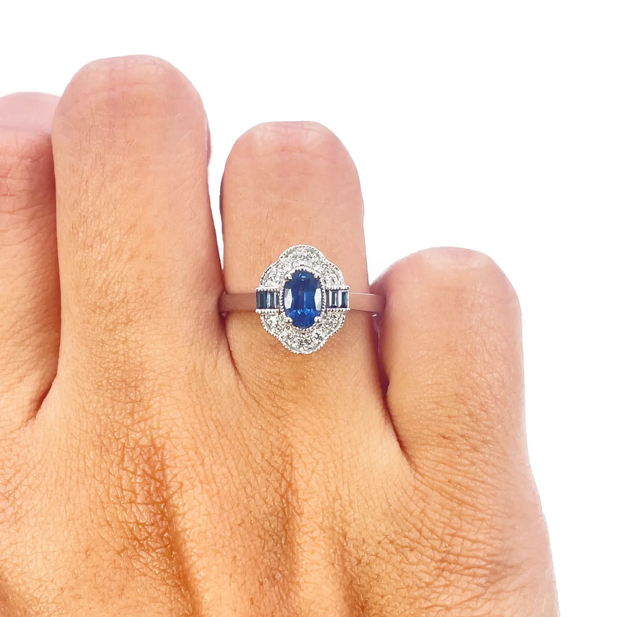 18ct Gold Natural Sapphire Diamond Halo Ring Round, Baguette & Oval Cut 0.70ct Diamond Ring