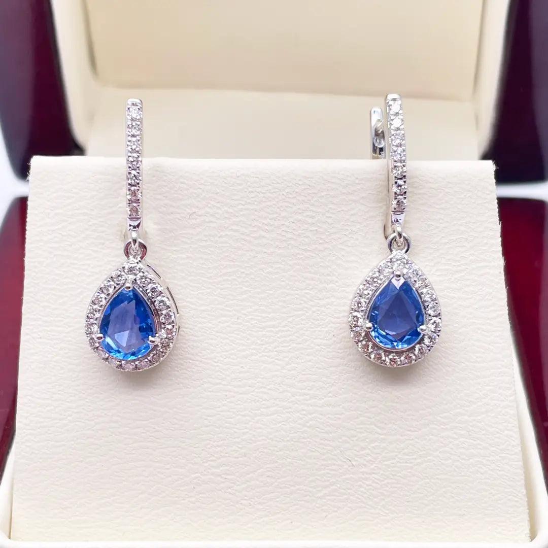 18ct White Gold Diamond & Blue Sapphire Pear Halo Teardrop Hoop Earrings 1.89ct Diamond earring