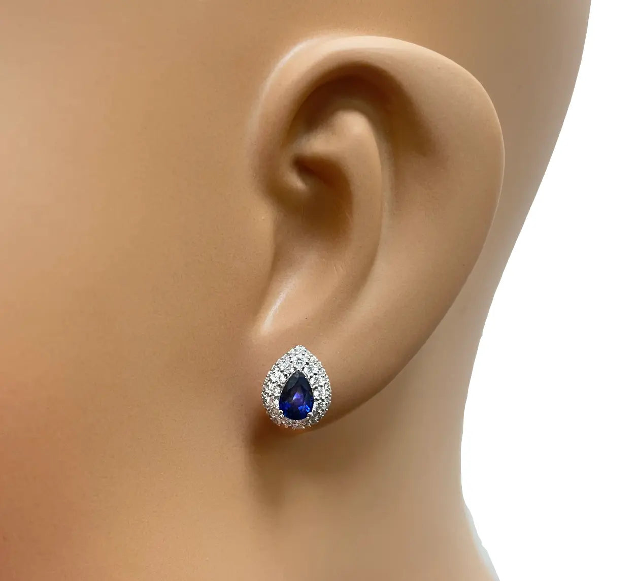 18ct White Gold Double Row Halo Diamond & Blue Sapphire Pear Shape Earring 0.46ct Diamond earring