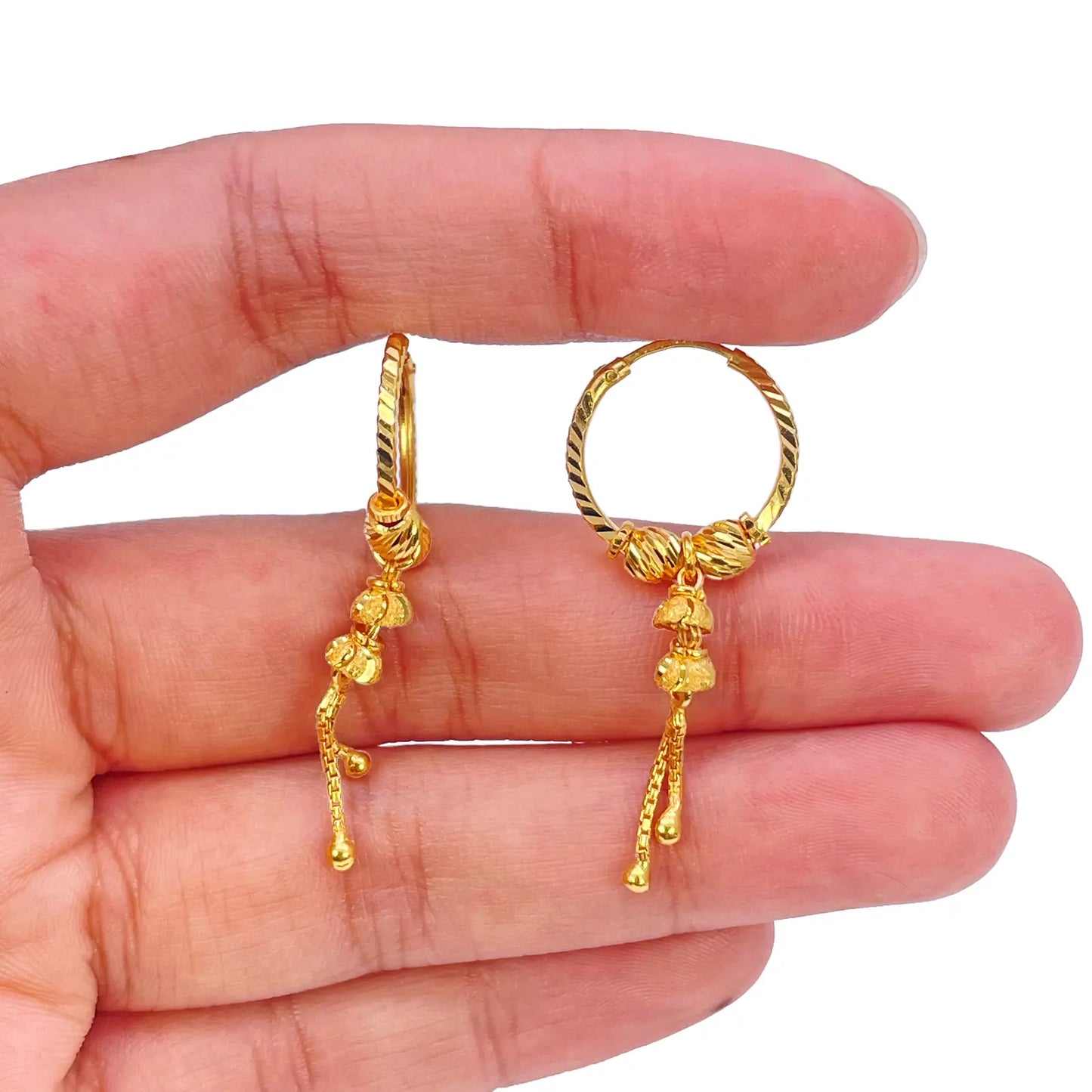 22ct Yellow Gold Diamond-Cut Beaded Drop Huggie Hoop Earrings 14mm Gold Hoop Earrings