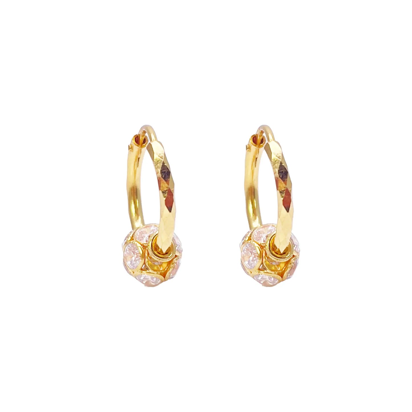 22ct Yellow Gold Diamond Cut Sparkly Cubic Zirconia Ball Hoop Huggie Earrings 11.5mm Diameter Gold earring