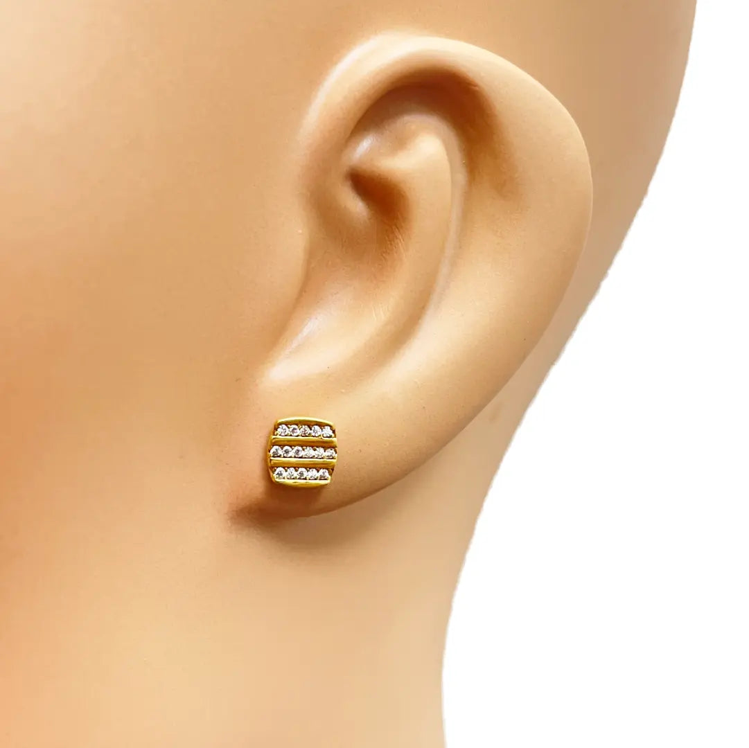 22ct Yellow Gold Square Three Row Cubic Zirconia Button Earrings Set 7mm Length Gold earring