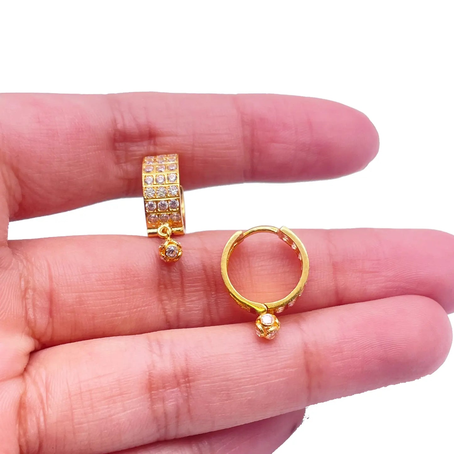 22ct Yellow Gold Triple Row Cubic Zirconia Drop Ball Hoop Huggies Earrings Gold earring