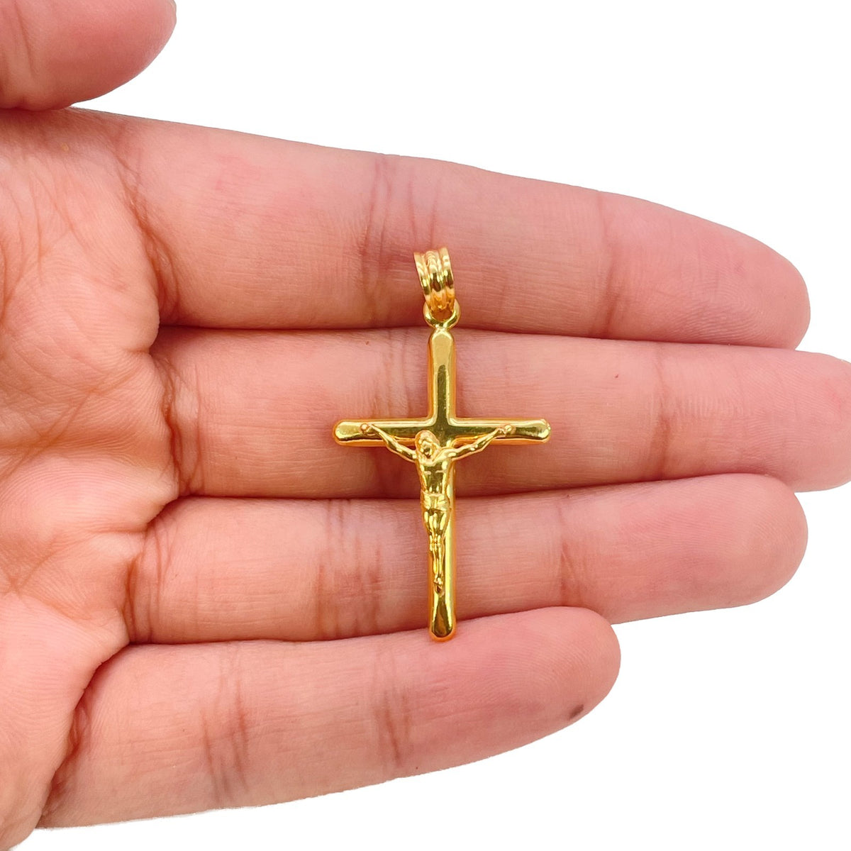 22ct Yellow Gold Crucifix Pendant Jesus Cross Charm High Polished 38x20mm