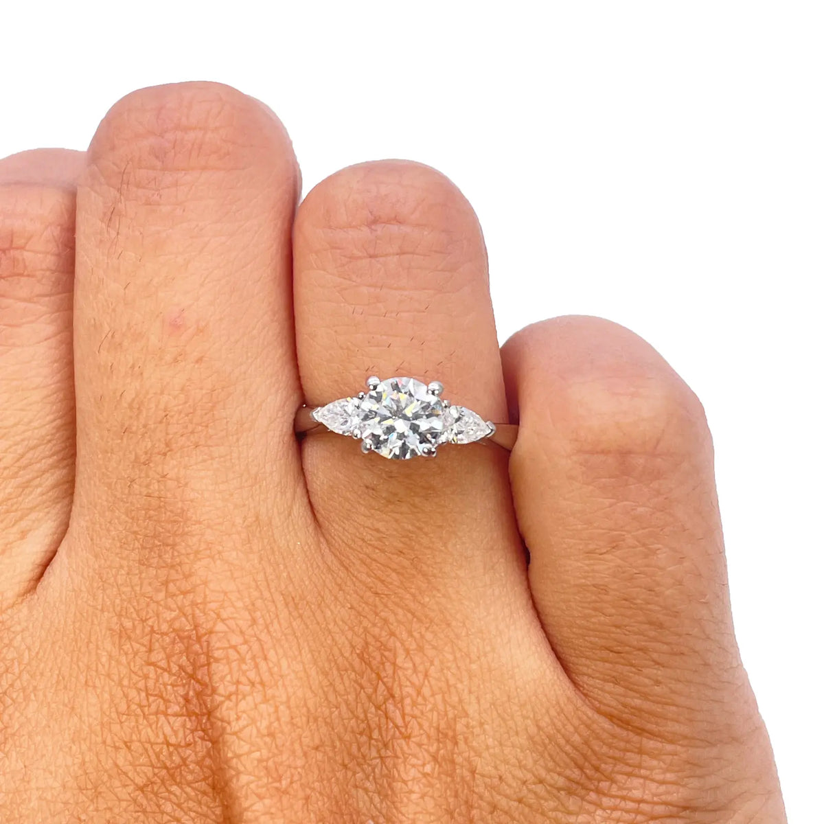 Platinum Round & Pear Natural Diamond Claw Set Trilogy Ring 0.75ct GIA Certified Diamond Ring