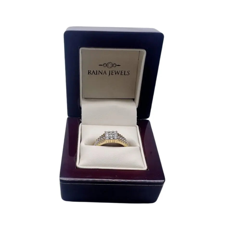 18Ct Yellow Gold Diamond 9 Stone Men's Ring Bi-Colour Ribbed Shank 0.50cts G/SI