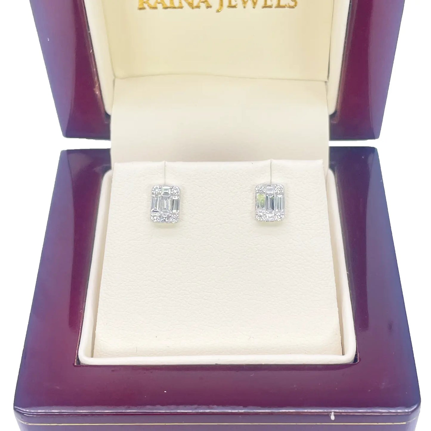 14ct White Gold Natural Diamond Round & Baguette Square Stud Earrings 0.46ct  Diamond earring