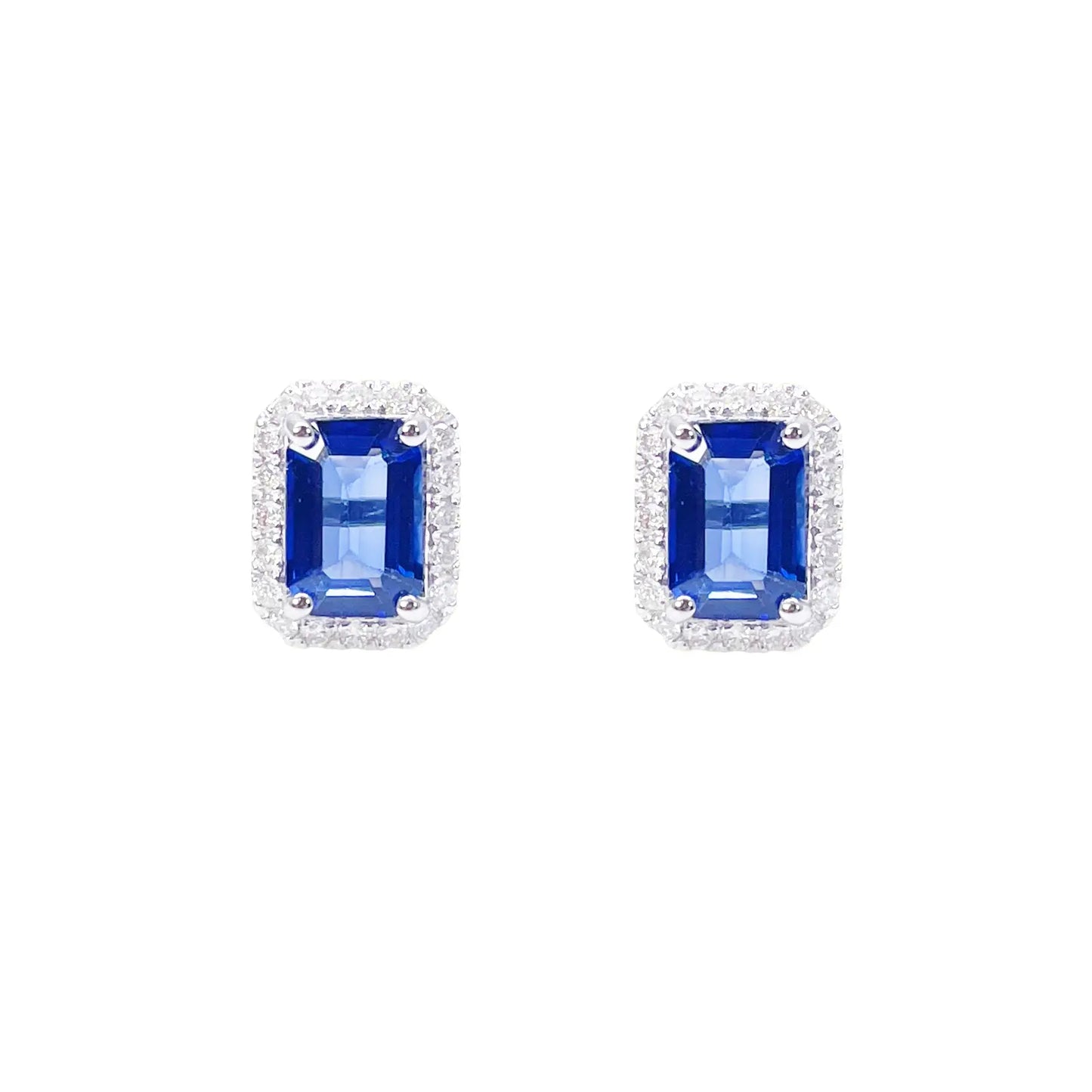 14ct White Gold Natural Emerald Cut Sapphire Round Diamond Stud Earrings 2.40ct  Diamond earring