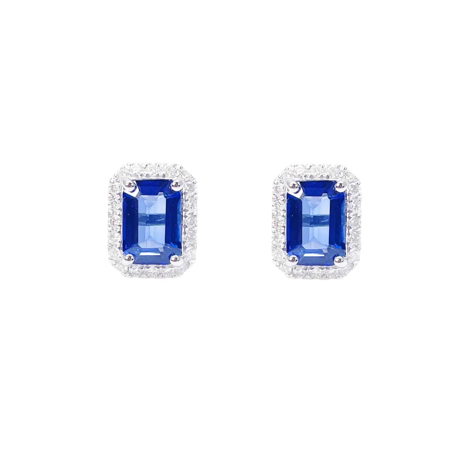 14ct White Gold Natural Emerald Cut Sapphire Round Diamond Stud Earrings 2.40ct  Diamond earring