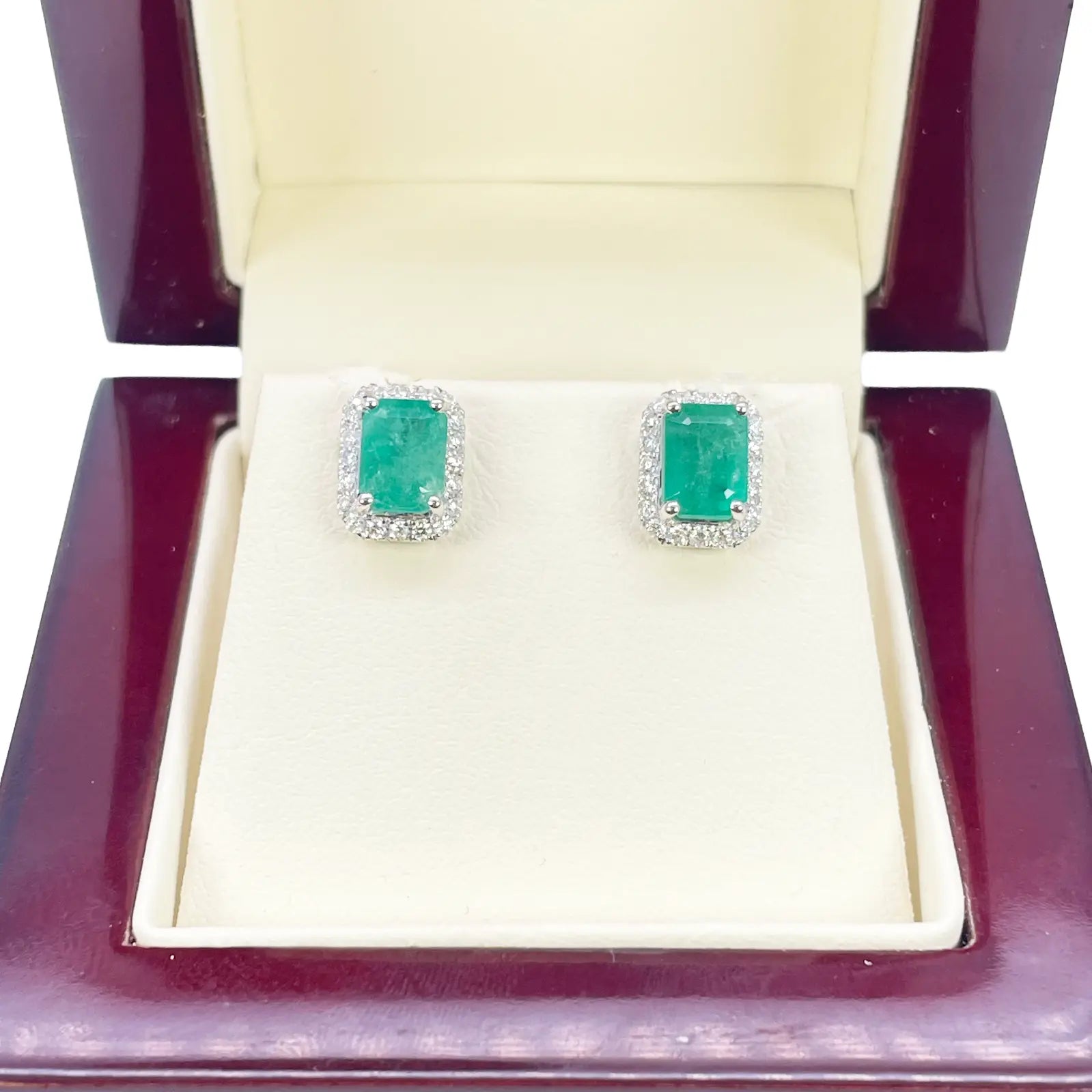 14ct White Gold Natural Emerald & Round Diamond Rectangle Stud Earrings 2.20ct  Diamond earring