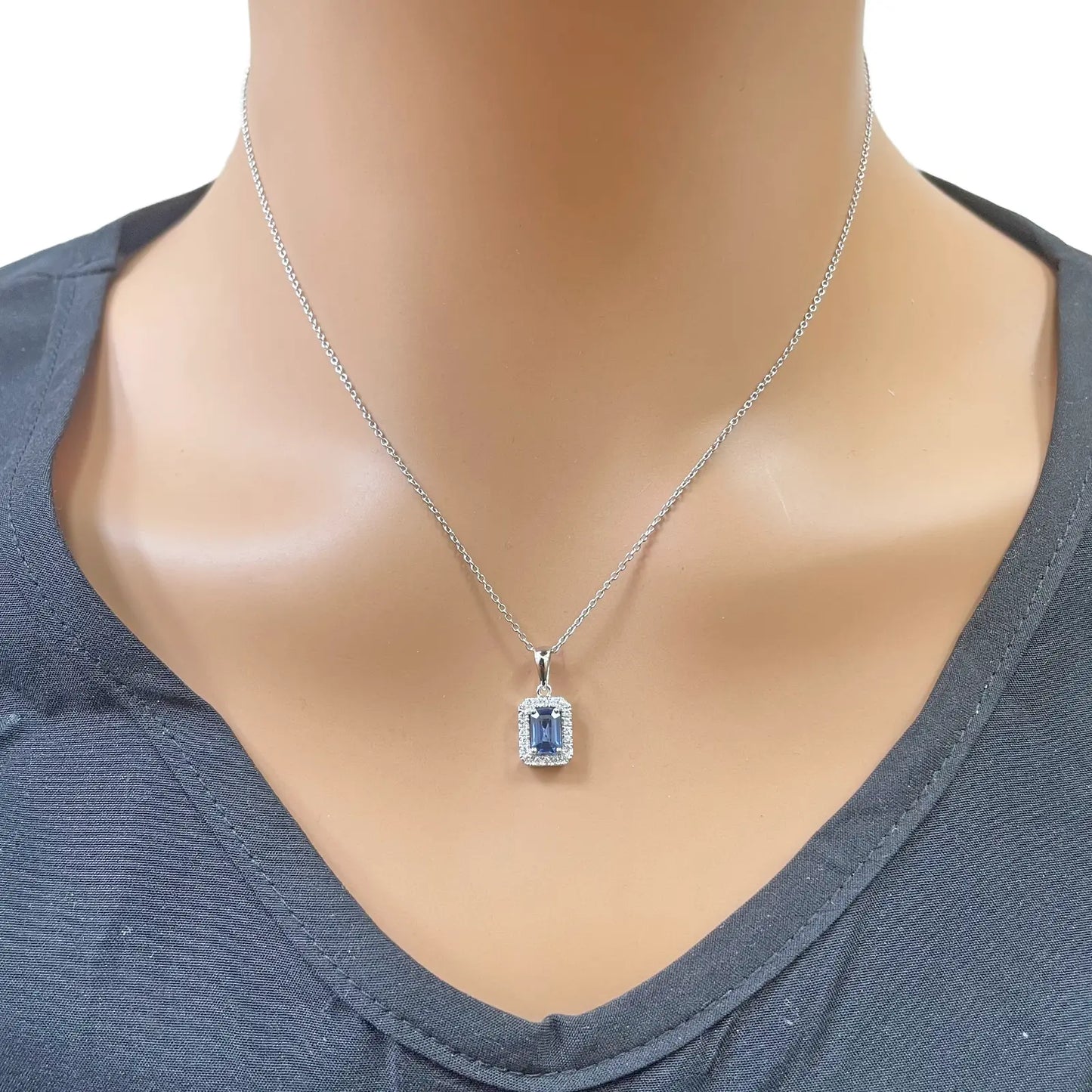 18ct Gold Natural Round Diamond & Sapphire Emerald Cut Halo Necklace 0.75ct 