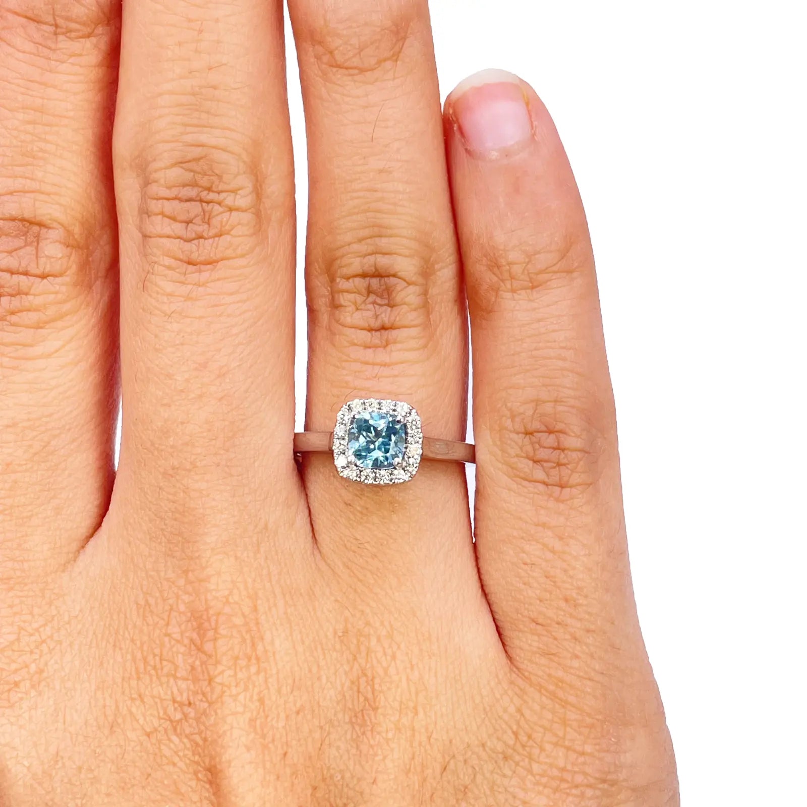 18ct White Gold Aquamarine & Diamond Halo Cluster Cushion Ring 0.70ct  Diamond Ring