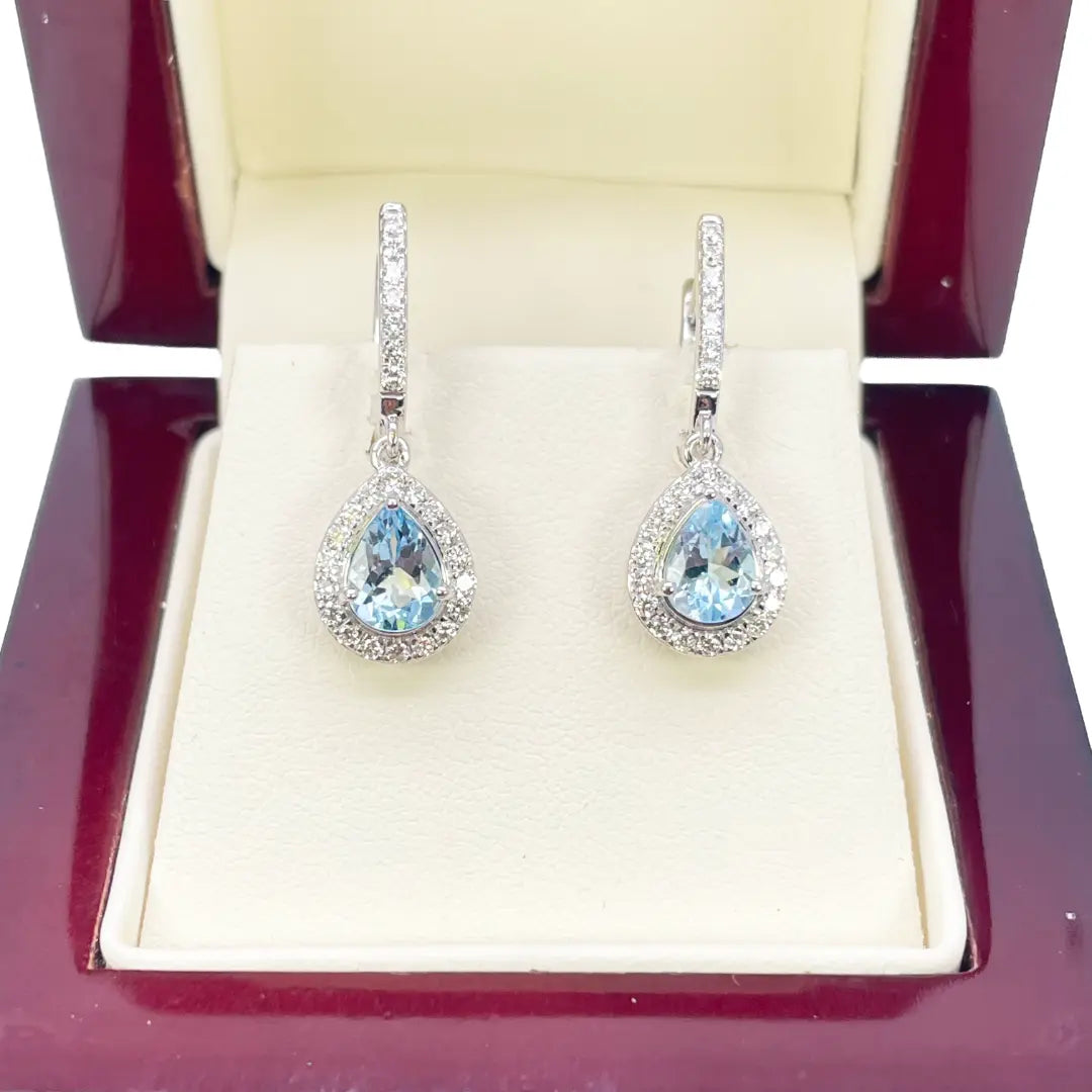 18ct White Gold Diamond & Blue Aquamarine Pear Halo Hoop Earrings 1.58ct  Diamond earring
