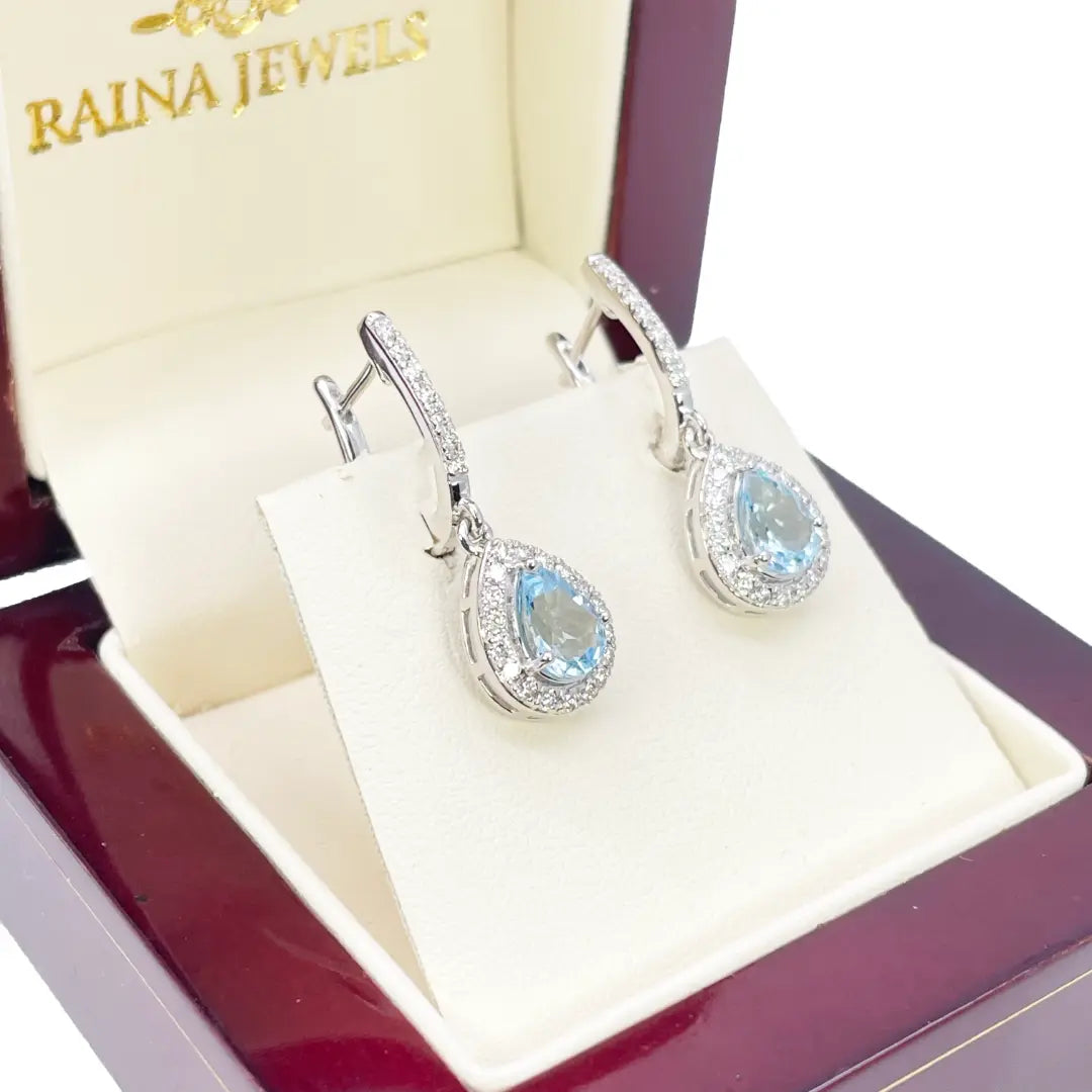 18ct White Gold Diamond & Blue Aquamarine Pear Halo Hoop Earrings 1.58ct  Diamond earring