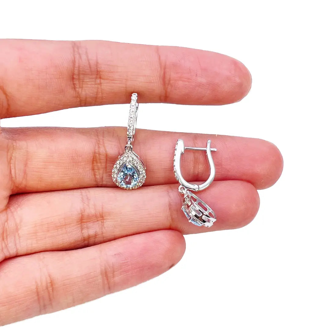 18ct White Gold Diamond & Blue Aquamarine Pear Halo Hoop Earrings 1.58ct  Diamond earring