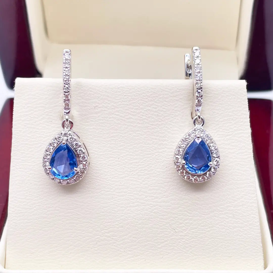 18ct White Gold Diamond & Blue Sapphire Pear Halo Teardrop Hoop Earrings 1.89ct  Diamond earring
