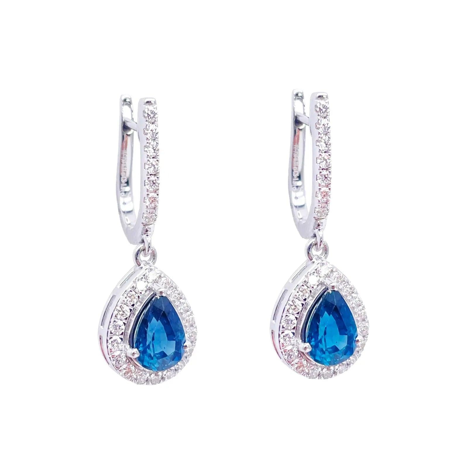 18ct White Gold Diamond & Blue Sapphire Pear Halo Teardrop Hoop Earrings 1.89ct  Diamond earring