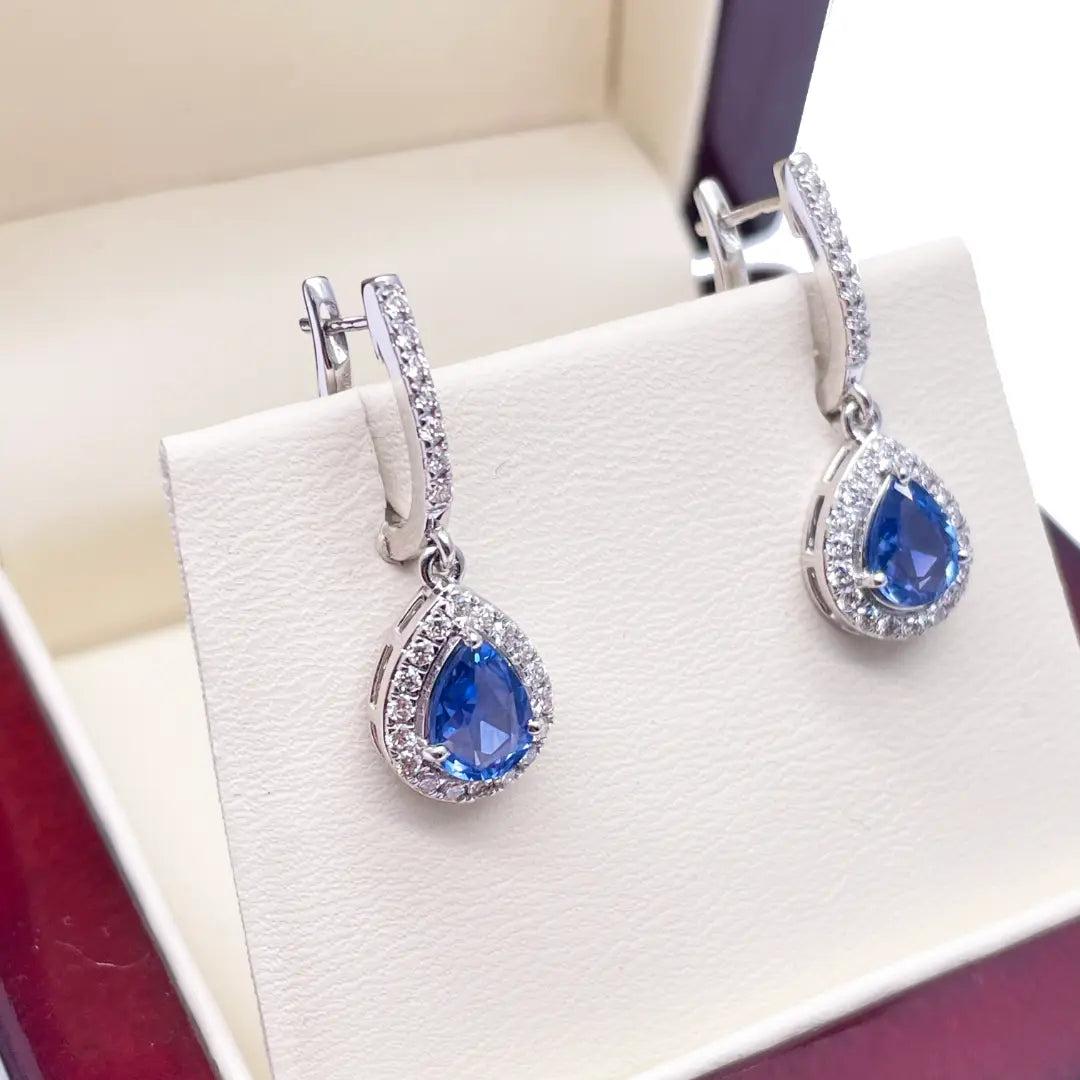 18ct White Gold Diamond & Blue Sapphire Pear Halo Teardrop Hoop Earrings 1.89ct  Diamond earring