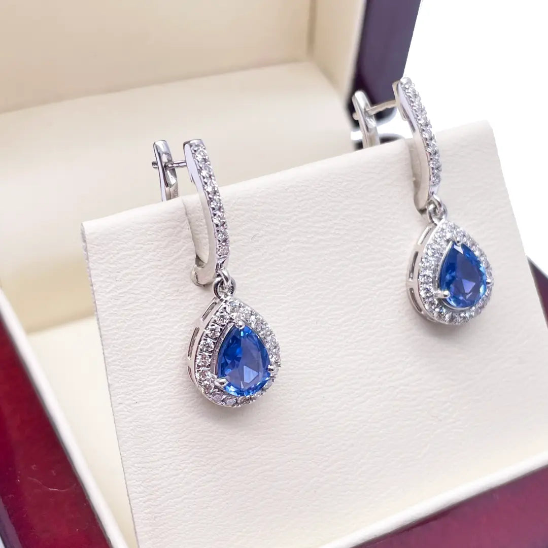 18ct White Gold Diamond & Blue Sapphire Pear Halo Teardrop Hoop Earrings 1.89ct  Diamond earring