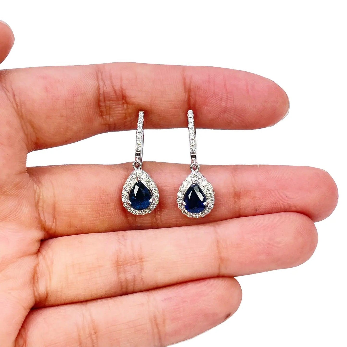 18ct White Gold Diamond & Blue Sapphire Pear Halo Teardrop Hoop Earrings 1.89ct  Diamond earring