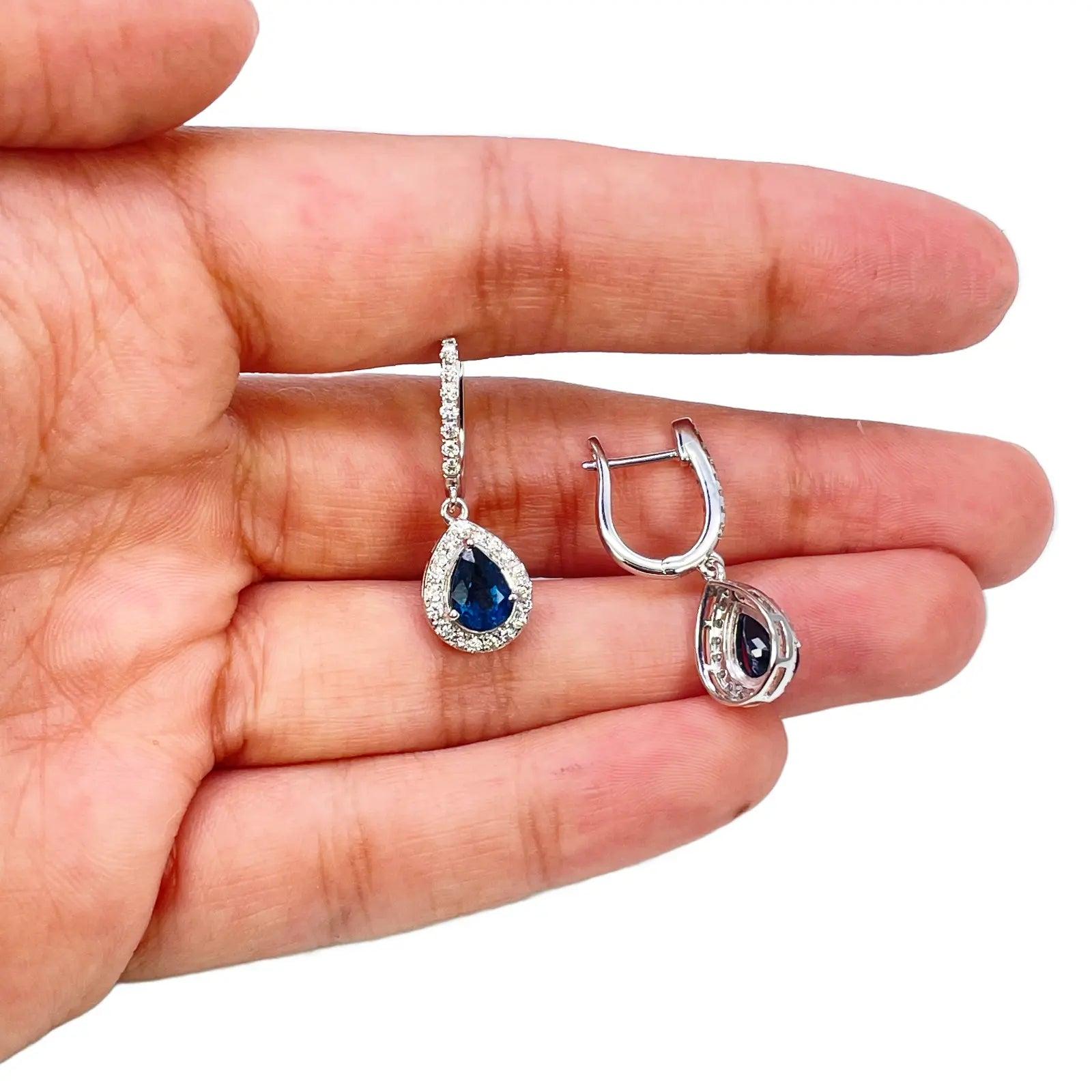 18ct White Gold Diamond & Blue Sapphire Pear Halo Teardrop Hoop Earrings 1.89ct  Diamond earring