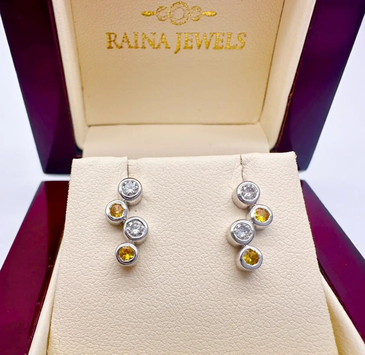 18ct White Gold Natural Diamond & Yellow Sapphire Bubble Drop Earrings, 0.59ct  Diamond earring