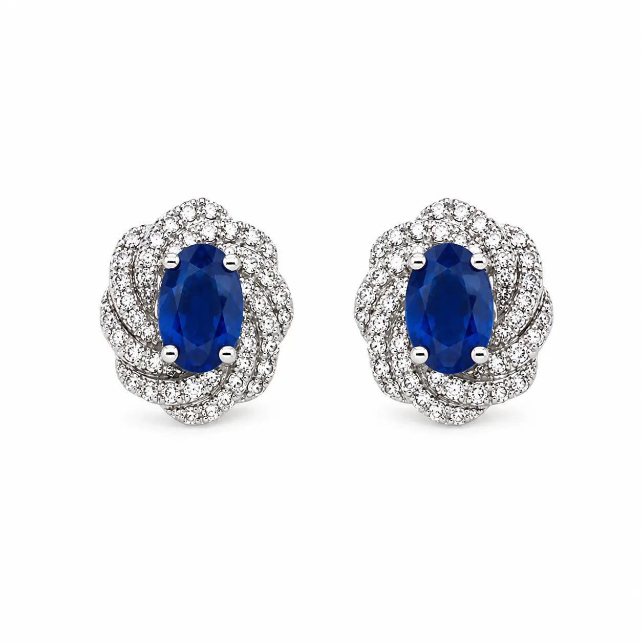 18ct White Gold Natural Oval Blue Sapphire & Diamond Cluster Earrings 0.33ct  Diamond earring