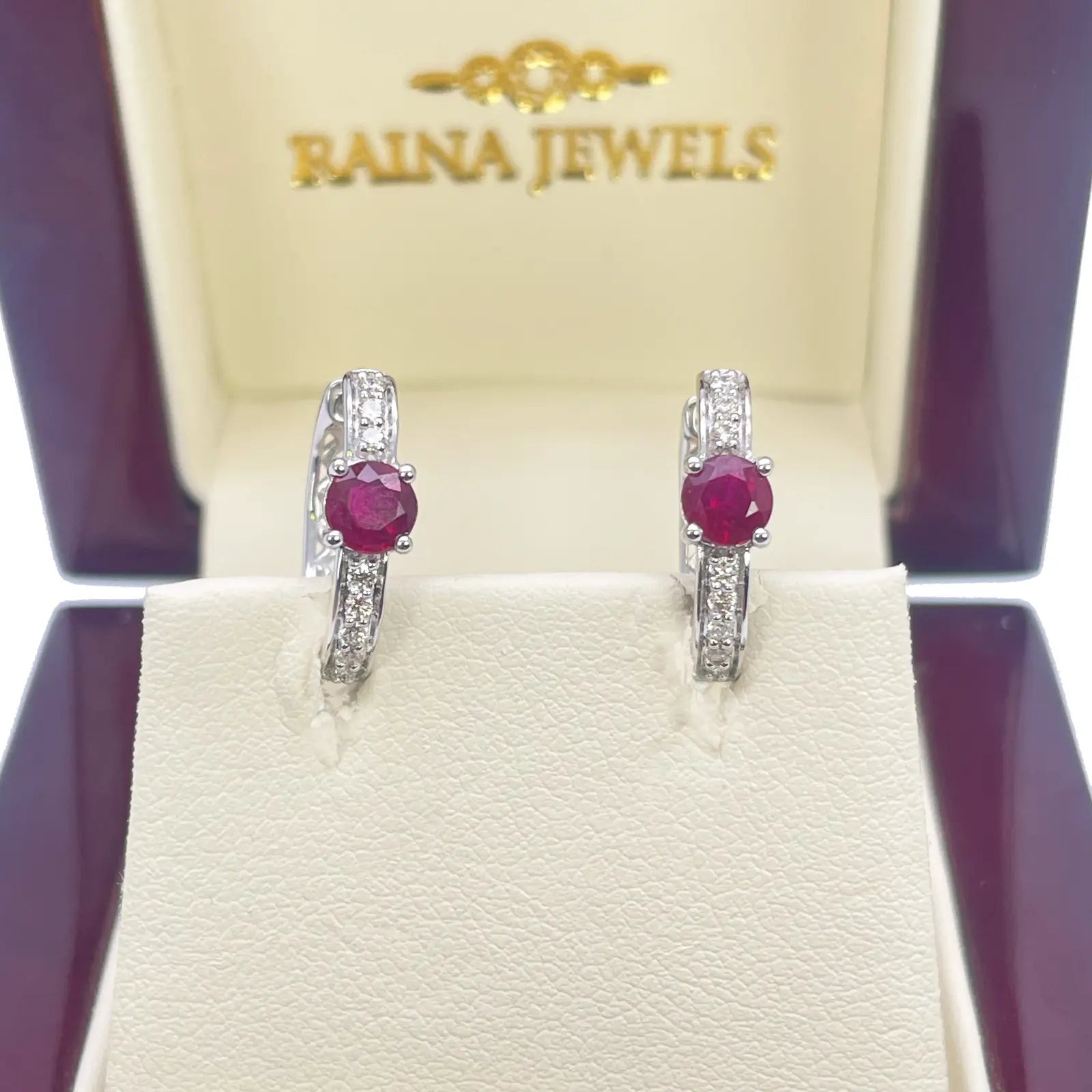 18ct White Gold Natural Ruby Prong & Diamond Huggie Hoop Earrings 0.92ct  Diamond earring