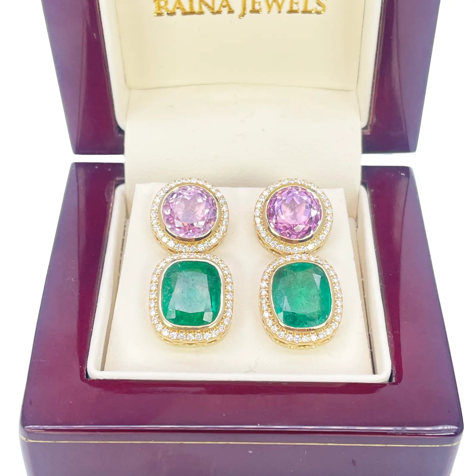 18ct Yellow Gold Emerald, Kunzite Rubover Set Halo Diamond Drop Earrings 17.76ct 