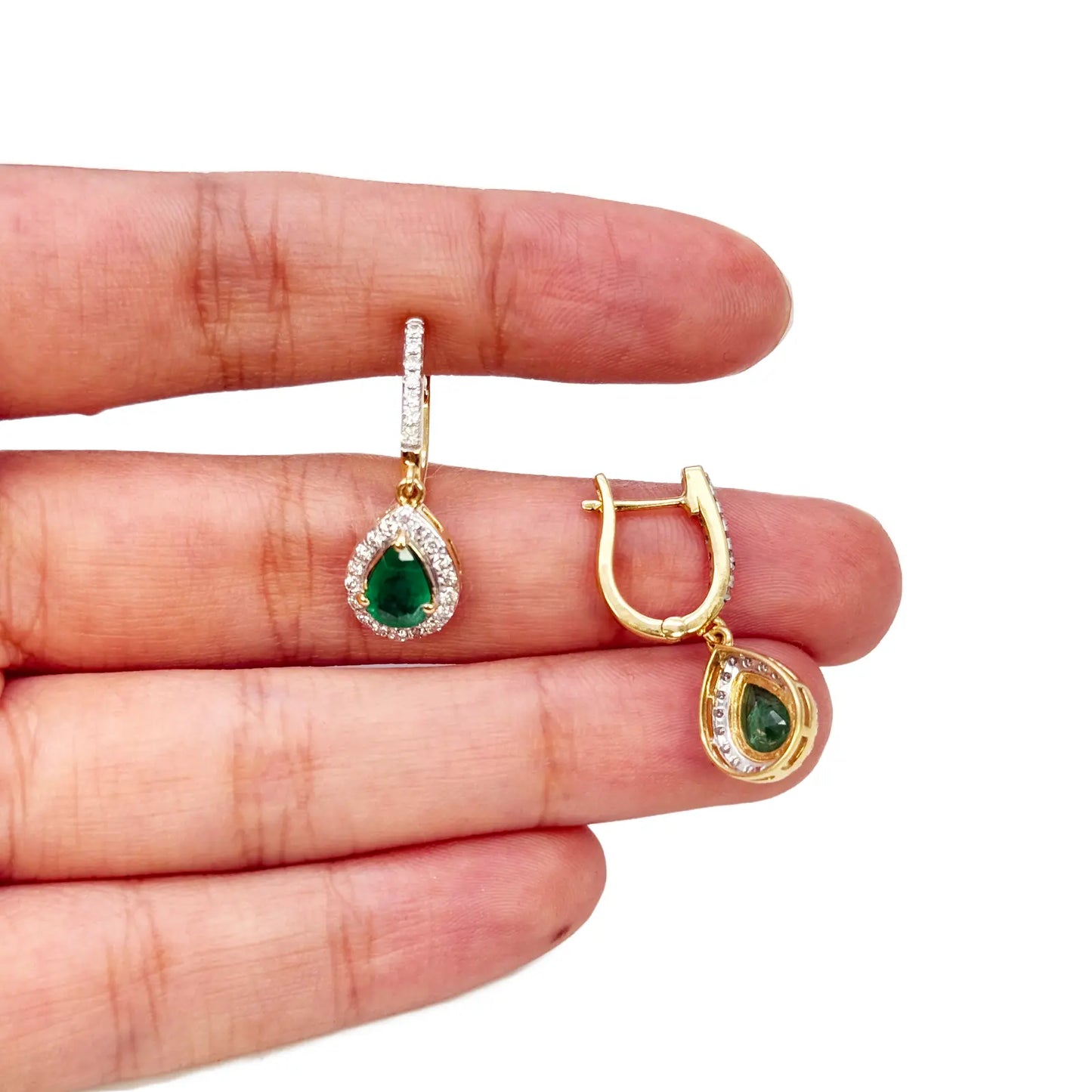 18ct Yellow Gold Natural Diamond & Zambian Emerald Huggie Hoop Earrings 1.48ct  Diamond earring