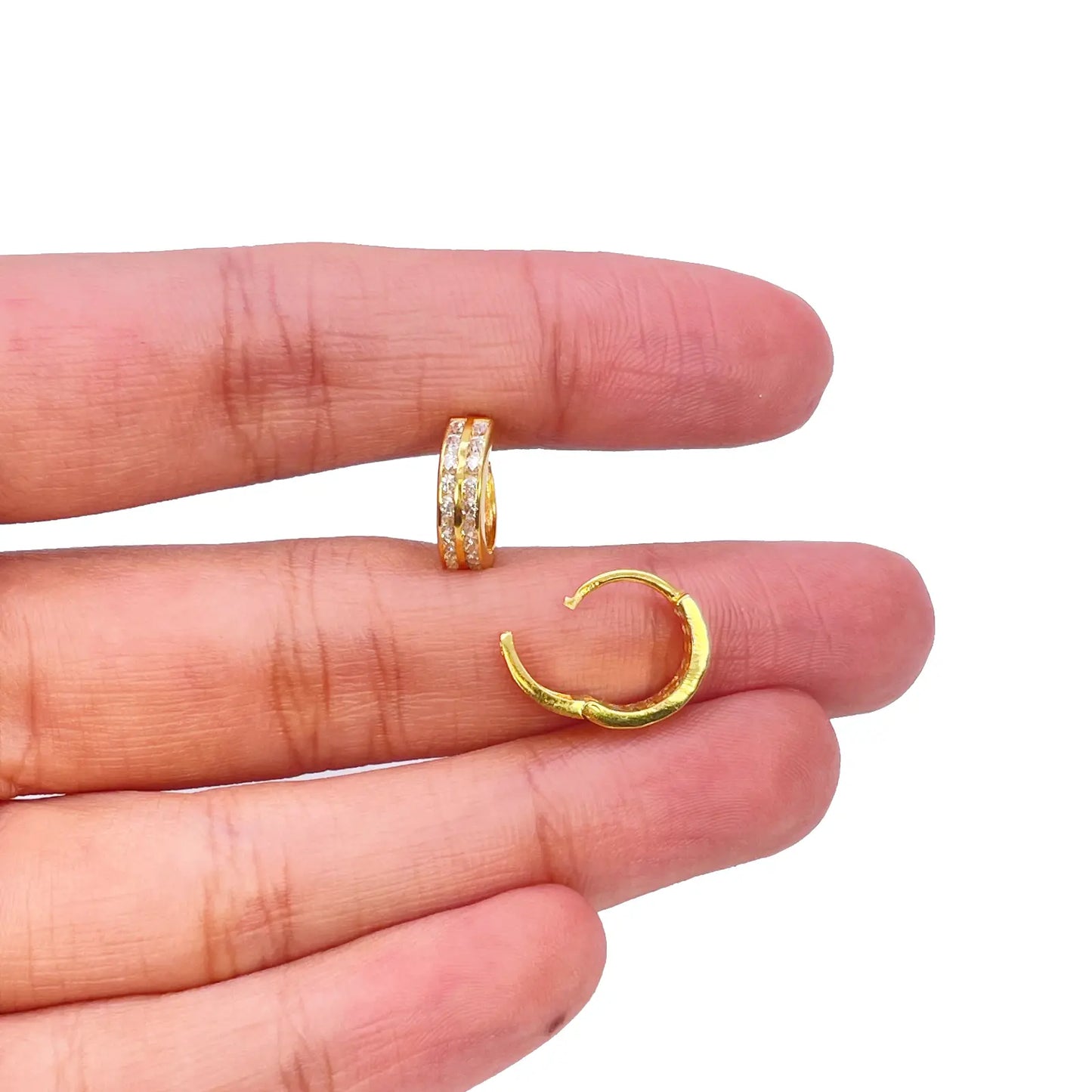 18ct Yellow Gold Pair Of Two Row Cubic Zirconia Hoop Huggie Earrings 8.4mm Diameter  Gold earring