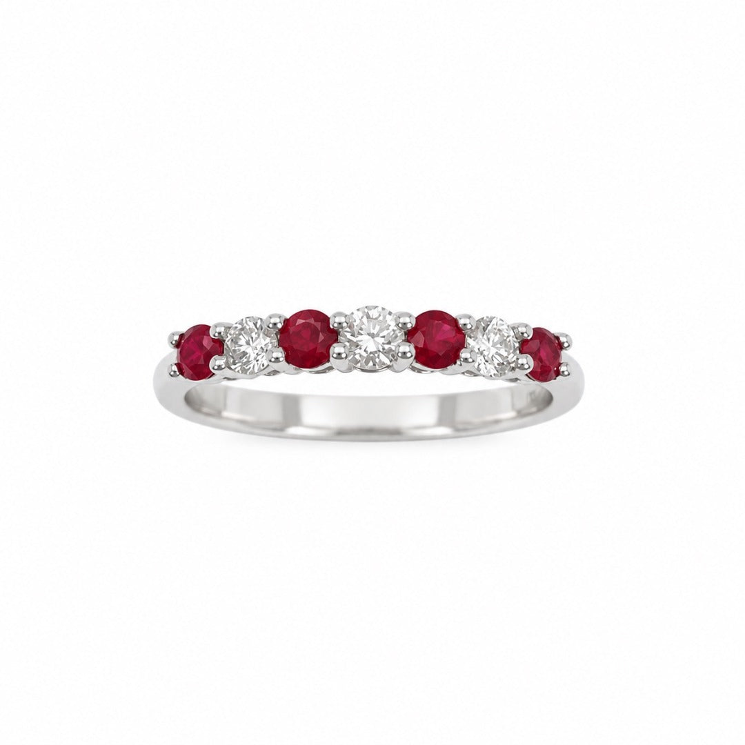 18ct White Gold Natural Ruby & Diamond 7 Stone Half Eternity Ring Band 0.50ct
