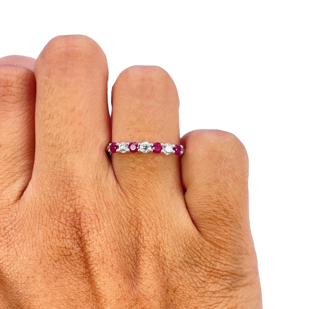 18ct White Gold Natural Ruby & Diamond 7 Stone Half Eternity Ring Band 0.50ct
