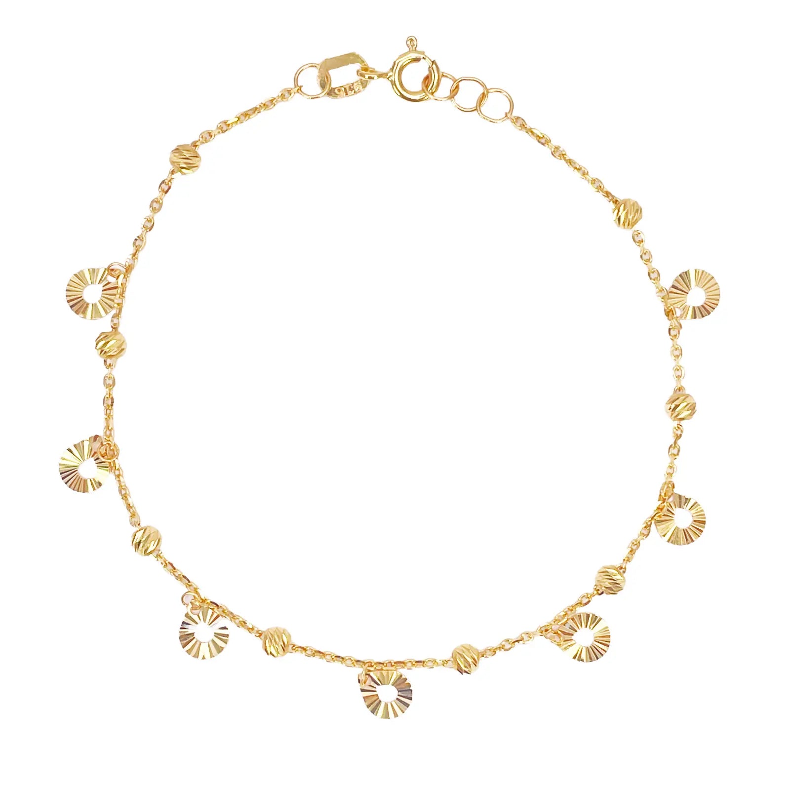 22ct Gold Circle Charm Drop & Diamond Cut Bead Cable Chain Bracelet 7 Inches  Gold Bracelets