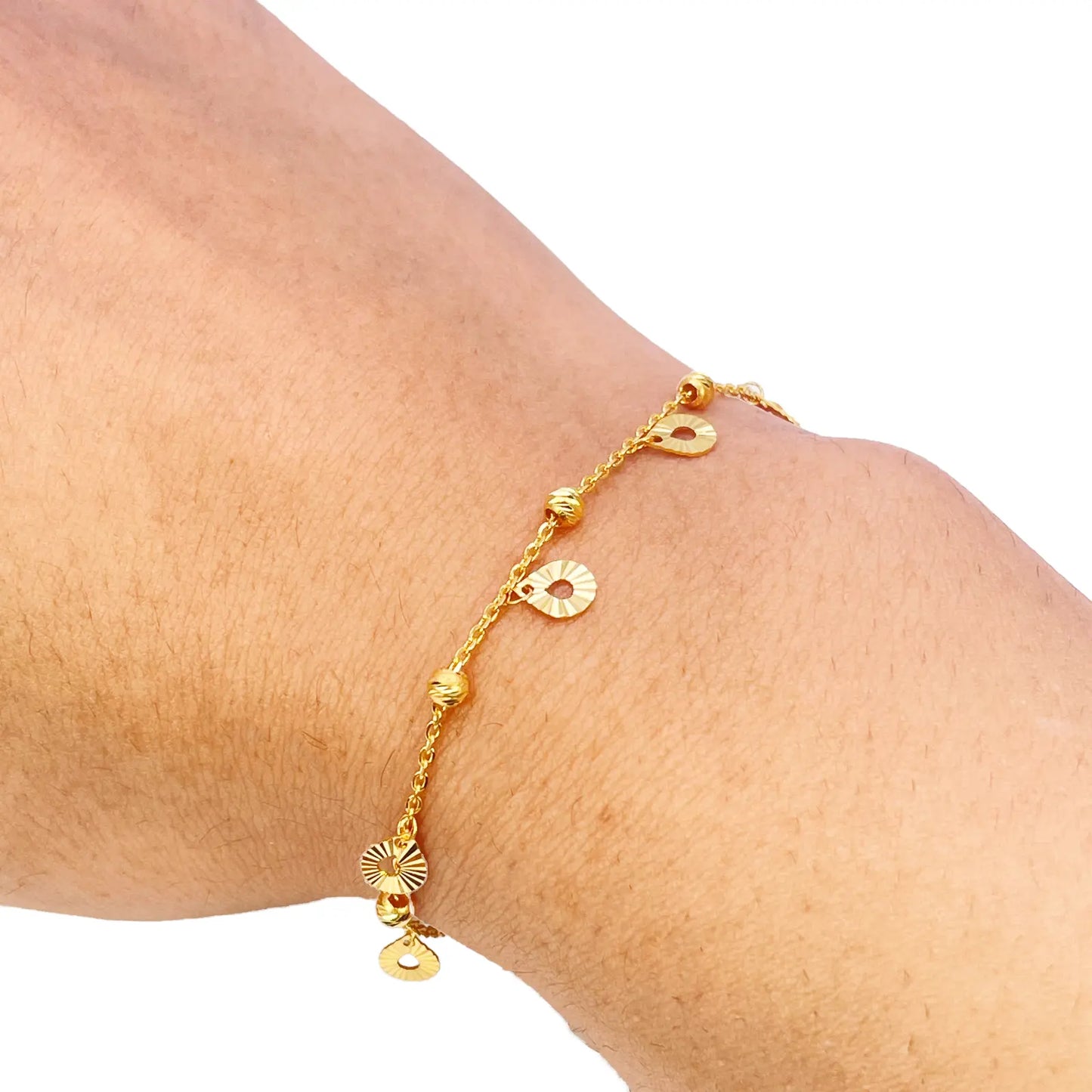 22ct Gold Circle Charm Drop & Diamond Cut Bead Cable Chain Bracelet 7 Inches  Gold Bracelets