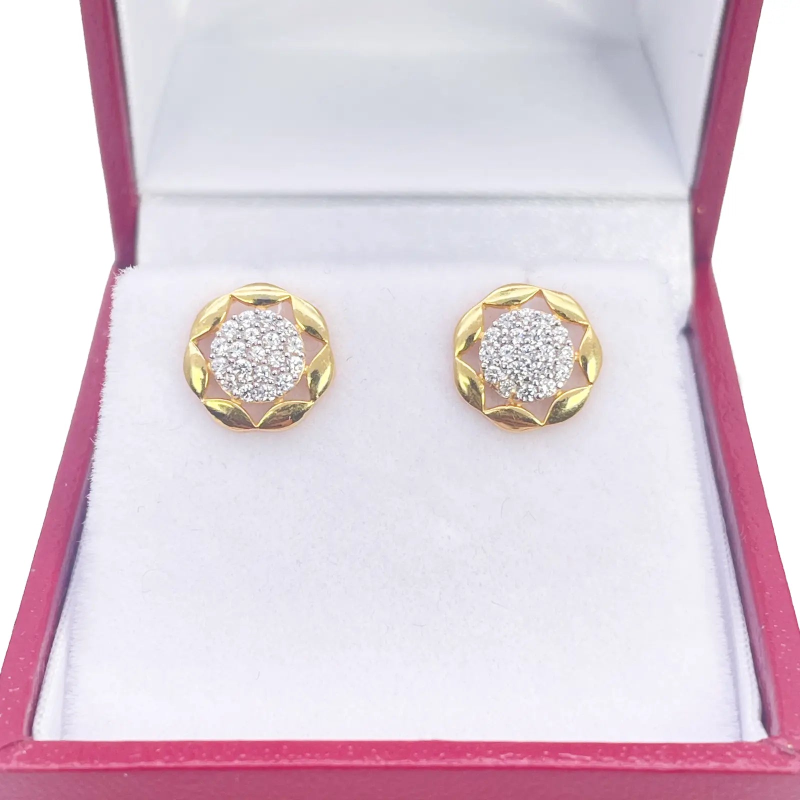 22ct Gold Floral Cubic Zirconia Cluster Stud Earrings High Polished - 9.5mm Width  Gold earring