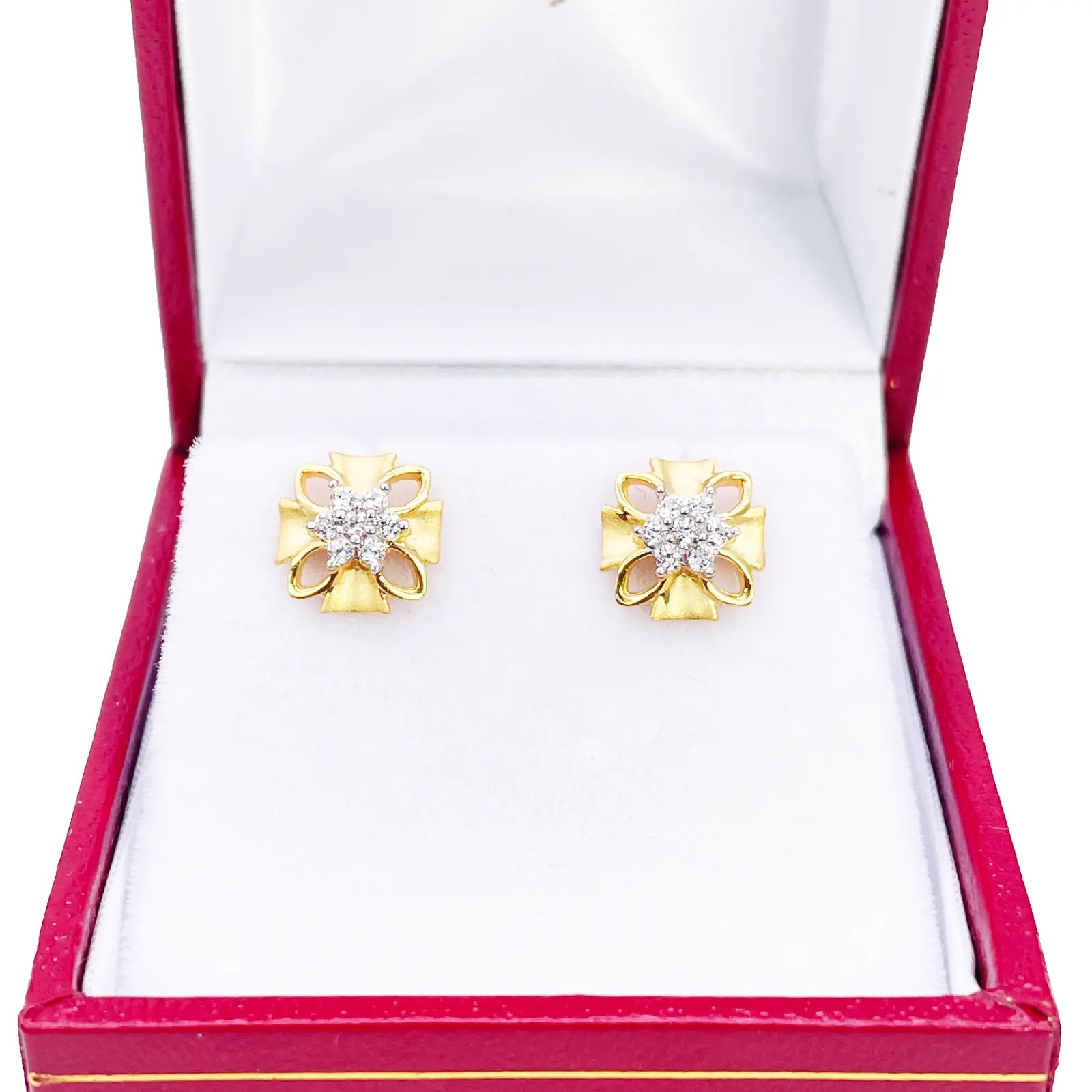 22ct Gold Floral Cubic Zirconia Stud High Polished Matt Earrings Sparkle Design 8.5x8.5mm  Gold earring