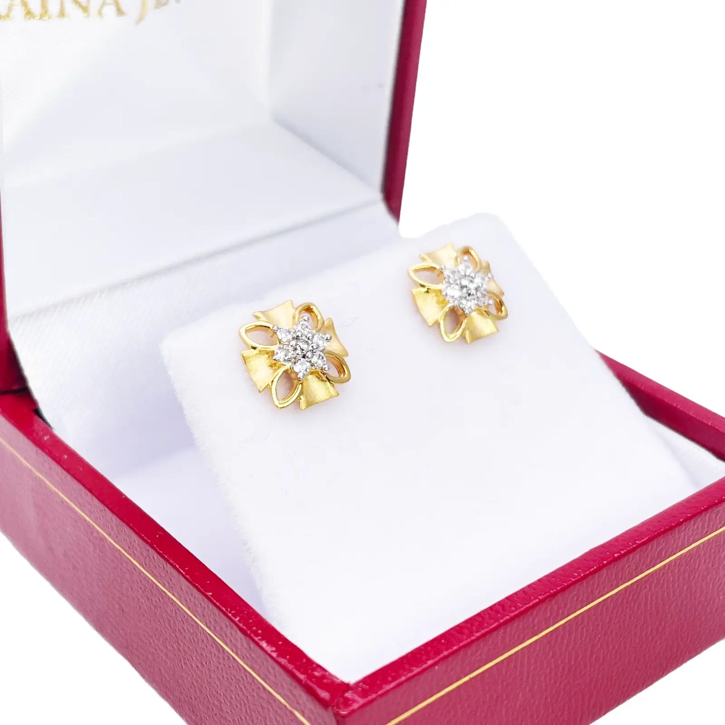 22ct Gold Floral Cubic Zirconia Stud High Polished Matt Earrings Sparkle Design 8.5x8.5mm  Gold earring