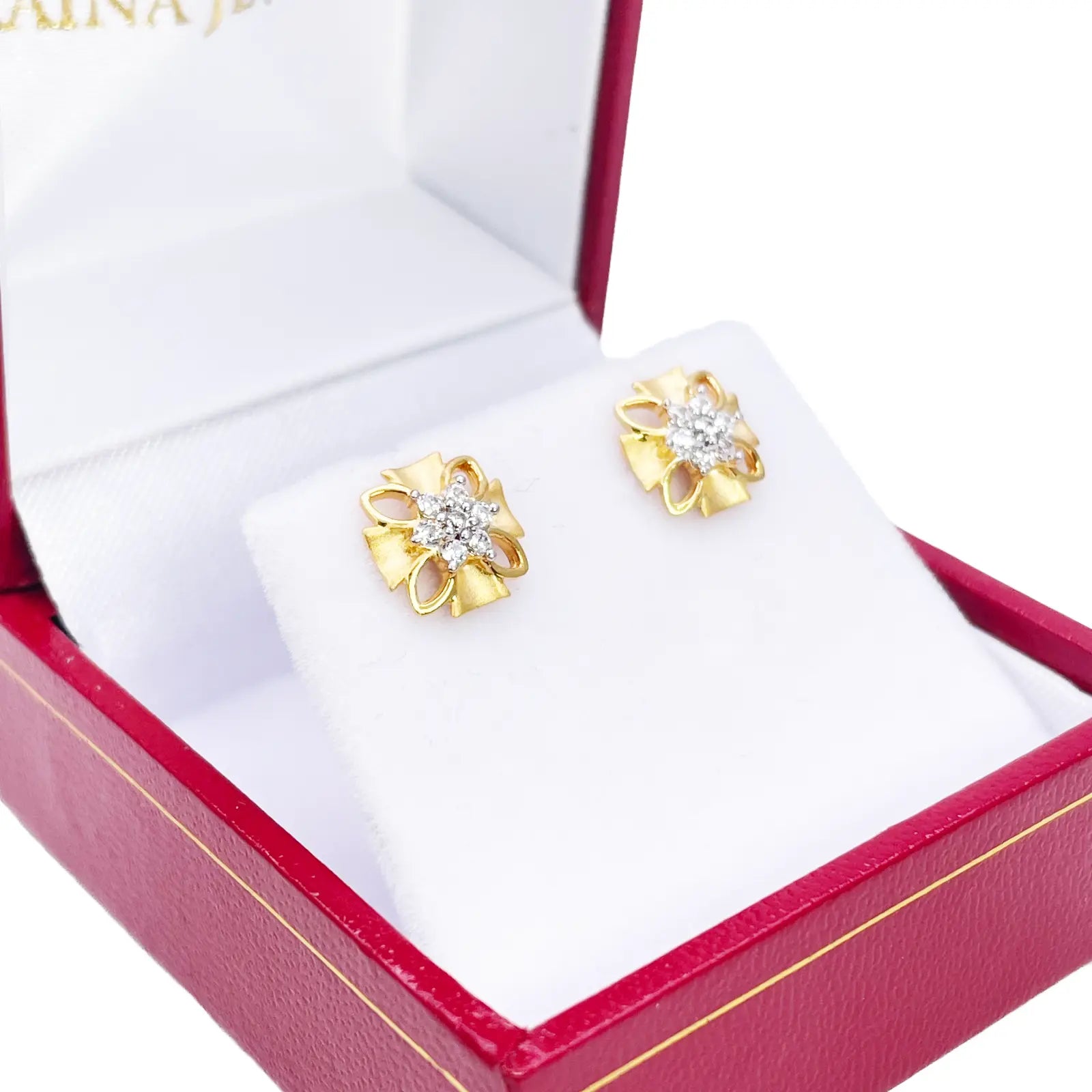 22ct Gold Floral Cubic Zirconia Stud High Polished Matt Earrings Sparkle Design 8.5x8.5mm  Gold earring