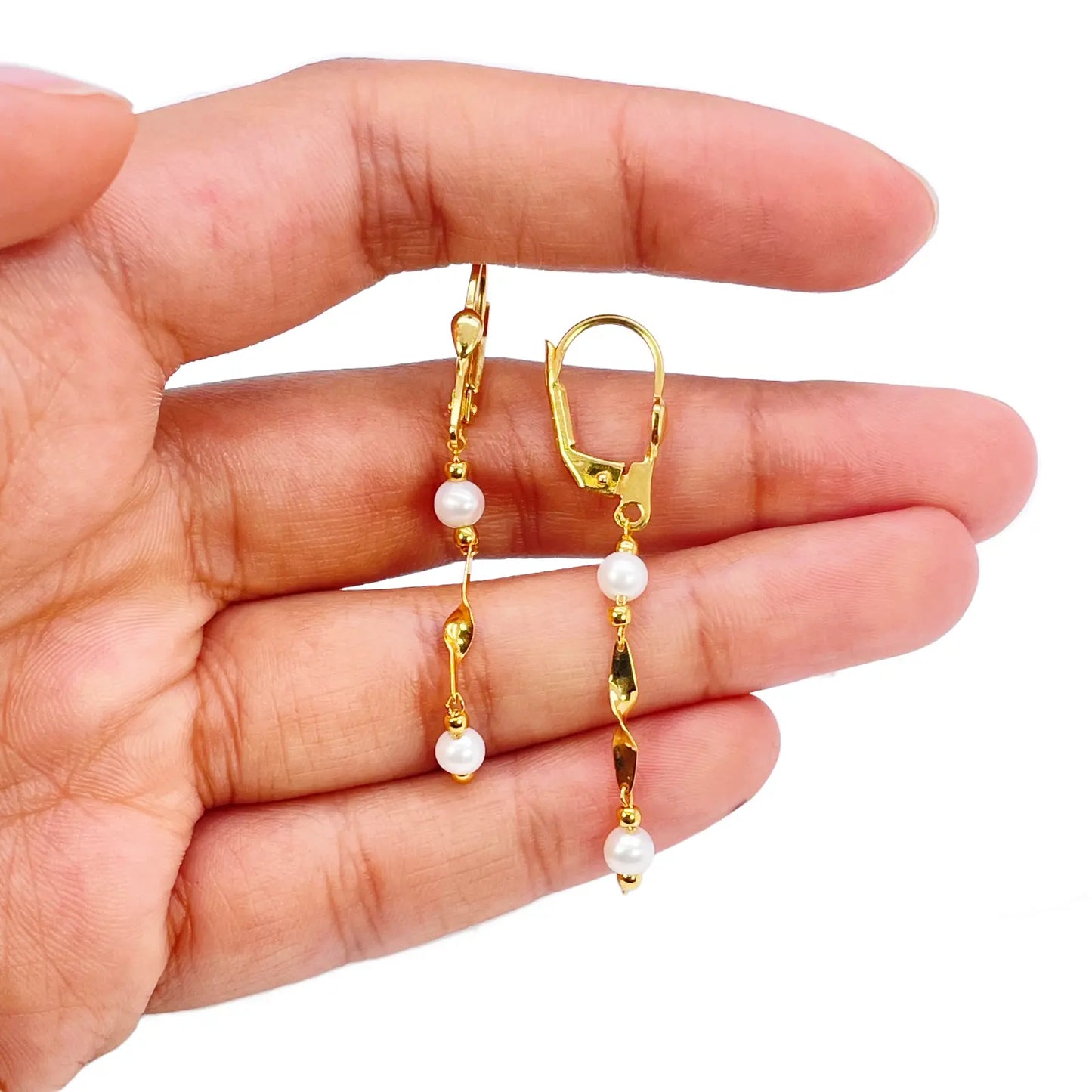 22ct Gold Pearl Drop Earrings Leverback Freshwater Pearl Twisted Design 1.8 Inch  Gold earring