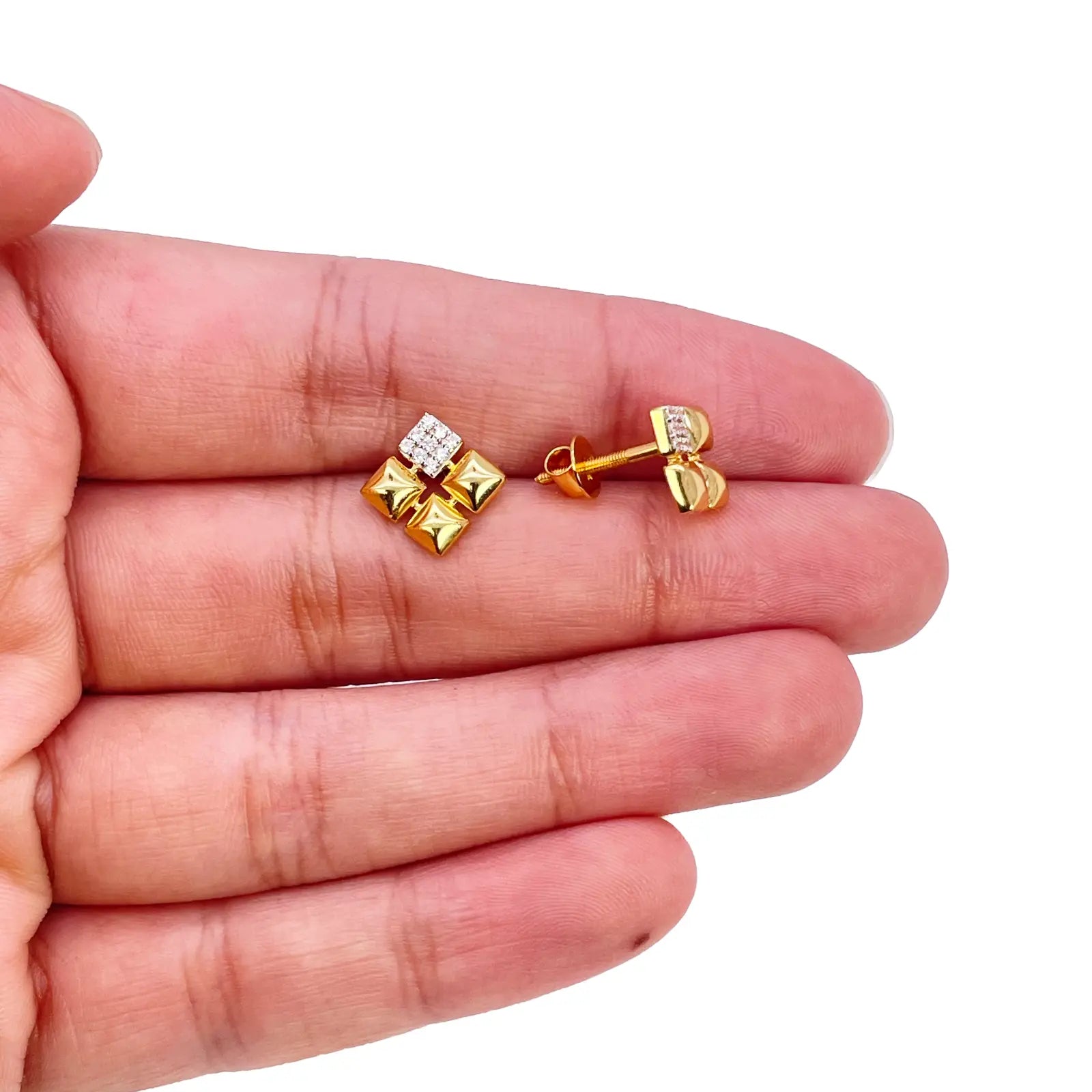 22ct Gold Pyramid Cubic Zirconia Stud Earrings Elegant Geometric Design High Polished 11x11mm  Gold earring
