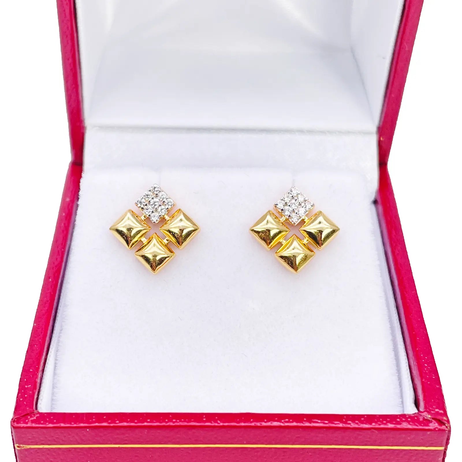 22ct Gold Pyramid Cubic Zirconia Stud Earrings Elegant Geometric Design High Polished 11x11mm  Gold earring