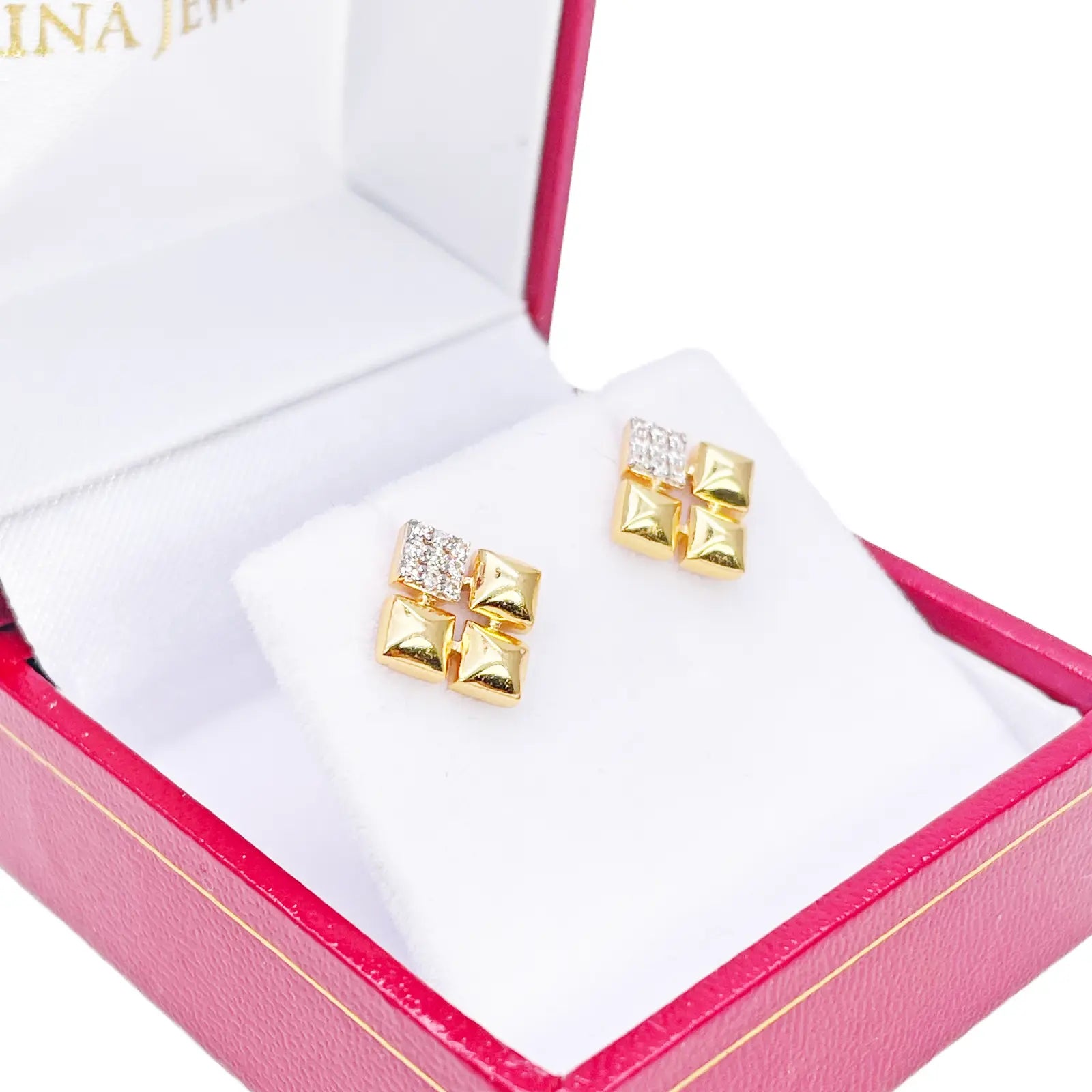 22ct Gold Pyramid Cubic Zirconia Stud Earrings Elegant Geometric Design High Polished 11x11mm  Gold earring
