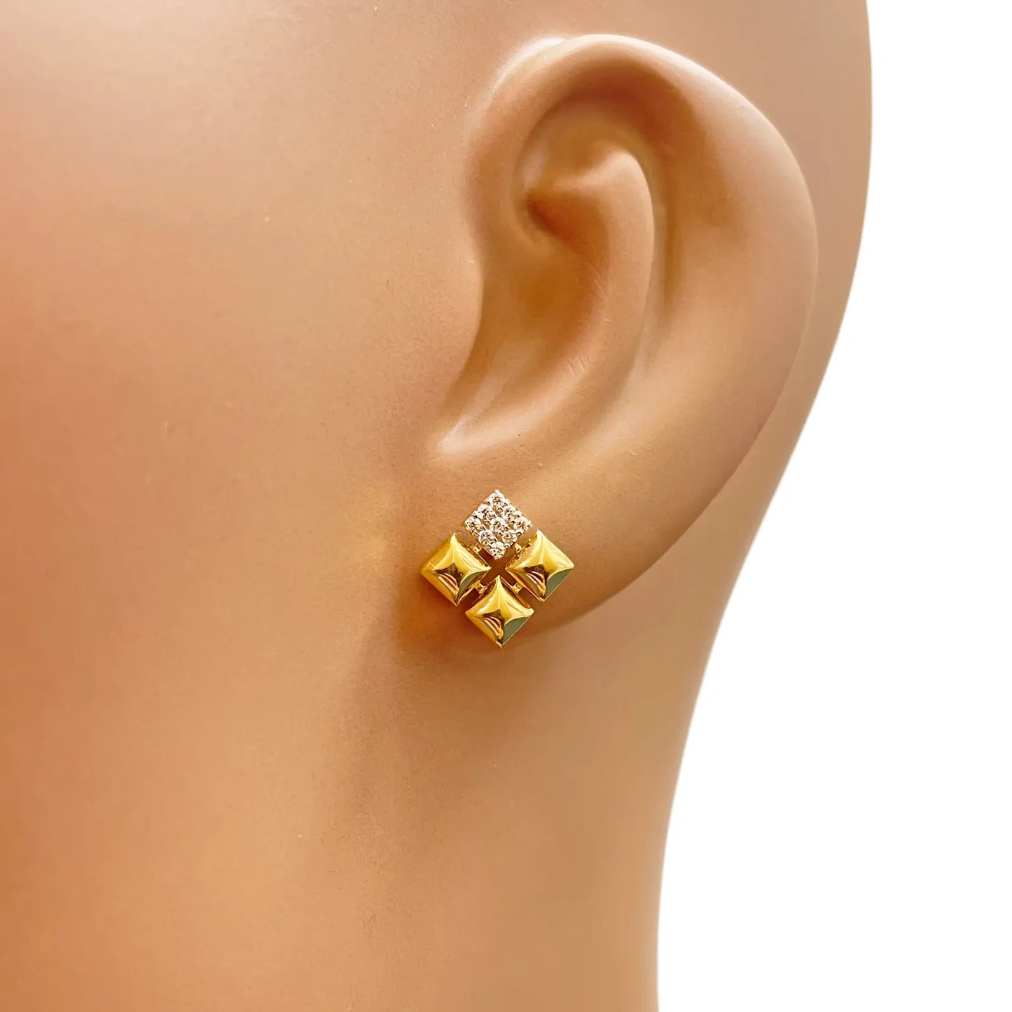 22ct Gold Pyramid Cubic Zirconia Stud Earrings Elegant Geometric Design High Polished 11x11mm  Gold earring