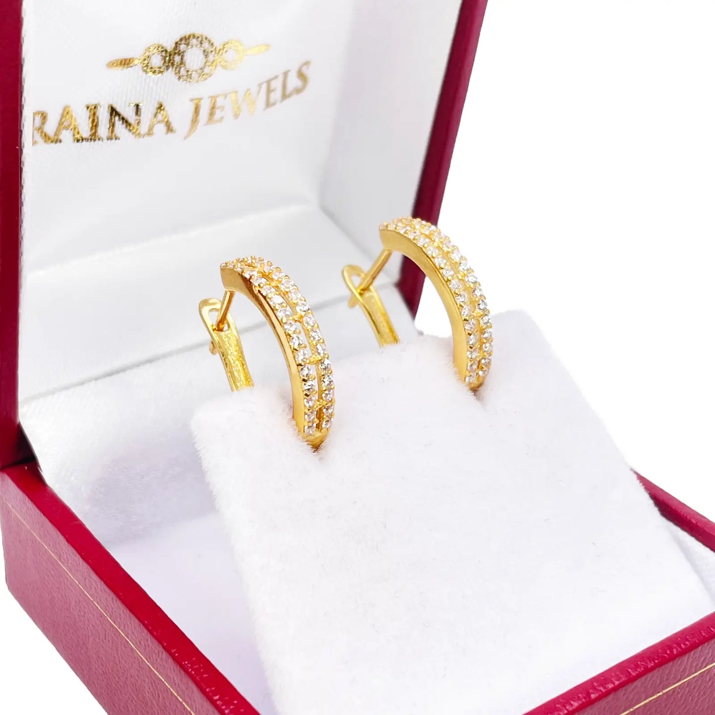 22ct Yellow Gold Beautiful Cubic Zirconia Two Row Huggies Hoop Earrings 10mm Inside Diameter  Gold earring