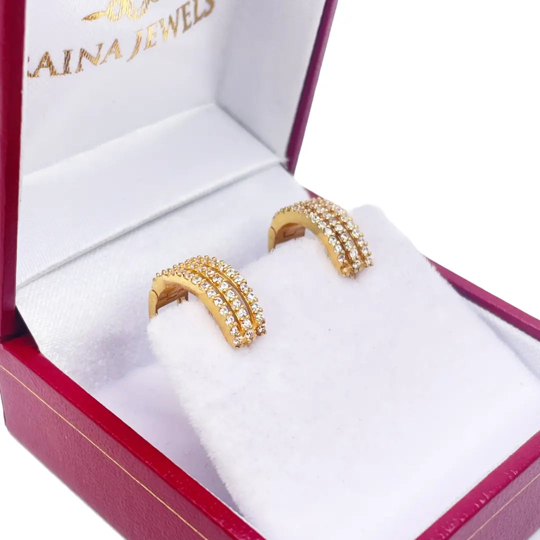 22ct Yellow Gold Cubic Zirconia Cluster Three Row Hoop Huggie Earrings  Gold earring