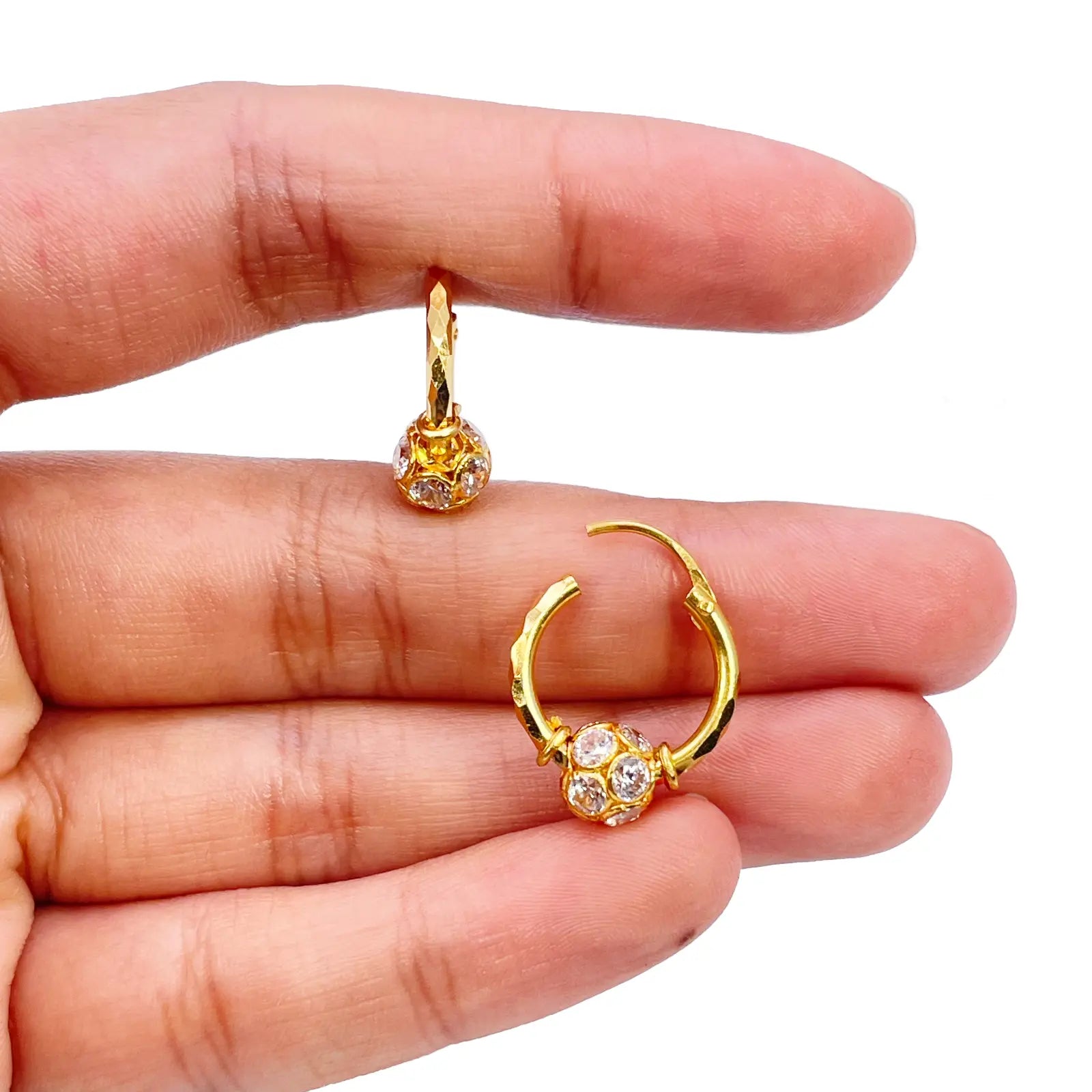 22ct Yellow Gold Diamond Cut Sparkly Cubic Zirconia Ball Hoop Huggie Earrings 11.5mm Diameter  Gold earring