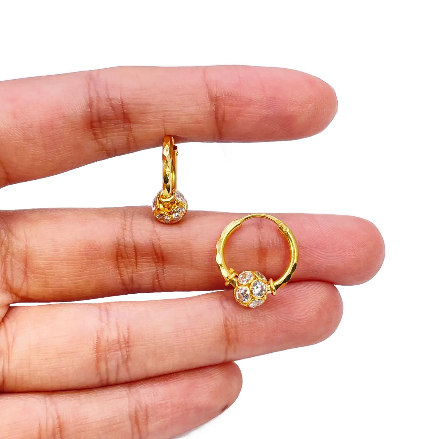 22ct Yellow Gold Diamond Cut Sparkly Cubic Zirconia Ball Hoop Huggie Earrings 11.5mm Diameter  Gold earring
